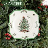 ราคา Violet Flamingo จานเซรามิคสีขาวขอบเขียว ลายต้นสน ต้นคริสมาสต์ จานขนม และแก้วมัค Christmas Collection (22838266702)
