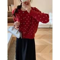 ราคา Cici ZJ802 เสื้อคาดิแกนไหมพรมแขนยาวกระดุมหน้าแต่งลายจุด สไตล์ฝรั่งเศส (23048627891)