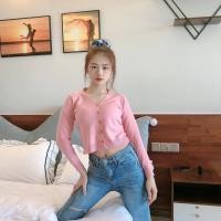 ราคา วัน เสื้อครอปแขนยาวคอวี กันuv ผ้าไหมพรม แบบเกาหลี มีกระดุมหน้า (22416286414)