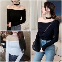 ราคา F1 ส่งไว เสื้อยืดแฟชั่นแขนยาวปาดไหล่ คอแต่งโช้คเกอร์ (9700634503)