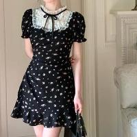 ราคา Y2K YUEJUXING2024 New French round Neck R Lace Stitching Black Shivering Dress Womens Lace up Fashion (22454123518)