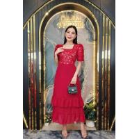 ราคา เดรสผ้าลุกไม้เนื้อแก้ว กระโปรงผ้าชีฟอง คอเหลี่ยม แขนกระบอก กระโปรงระบาย2ชั้น (22629318268)