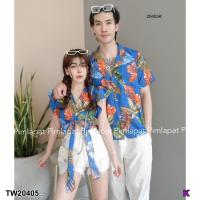 ราคา TW20405 เซตคู่ เสื้อเชิ้ตฮาวาย เสื้อแขนระบายผูกเอว ลาบใบไม้ (21407362160)