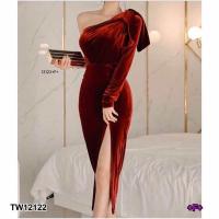 ราคา TW12122 Dress แม็กซี่เดรสกำมะหยี่ ไหล่เดียวแขนยาว ไหล่แต่งโบว์ (21134925022)
