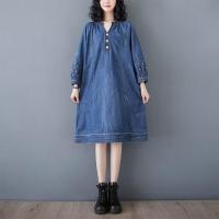 ราคา ชุดเดรสยีนส์แขนเก้าส่วนปักลายแนววินเทจชุดผู้หญิงไซส์ใหญ่ชุดเดรสทรงเอแขนพองยาวคลุมเข่าสำหรับสาวอวบ (21979519454)