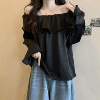 ราคา เสื้อเชิ้ตชายระบายคอปาดไหล่เปิดไหล่ใส่แล้วดูผอมเพรียวแบบใหม่สำหรับสาวอวบชุดผู้หญิงไซส์ใหญ่เสื้อตัวเล็กแขนยาวดูดีชิคๆ (21997323989)