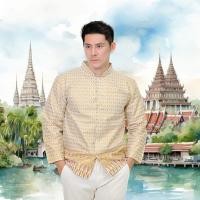 ราคา เสื้อลายไทย คอจีน แขนยาว เสื้อทำบุญ เสื้อลายไทย บุรุษ ผ้าไทย ขลิบทอง Thai Shirt (23113697256)