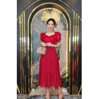 ราคา เดรสยาว ผ้าลุกไม้เนื้อแก้ว คอหัวใจแขนเจ้าหญิง กระโปรงผ้าชีฟอง (22629217654)