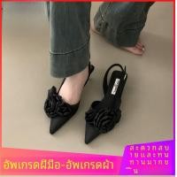 ราคา เรียบหรู ฤดูร้อน รองเท้าส้นสูง ผู้หญิง สวมใส่กลางแจ้ง Cross Buckle Low Cut Floral Pointed Toe Sandals วัสดุ PU สบาย (22266909069)