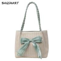 ราคา กระเป๋าสานฟางกระเป๋าโท้ทสะพายไหล่ผูกโบว์แบบลำลองความจุใหญ่สำหรับสาวๆ (22005780709)