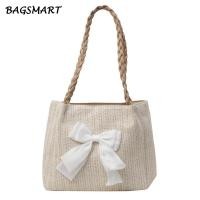 ราคา กระเป๋าสานฟางกระเป๋าโท้ทสะพายไหล่ผูกโบว์แบบลำลองความจุใหญ่สำหรับสาวๆ (22005780710)
