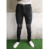 ราคา กางเกงยีนส์ชายสีดำ ขาเดฟ ผ้ายืด ขาดเข่า งานเป้ากระดุม (9175357419)