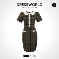 ราคา S 2XL 1224 งานป้าย Dress World เดรสสั้นทรงเอ ผ้าทวิต คอบัว กระดุมมุก กระเป๋าใช้ได้จริง พรางหุ่นได้ดี ต้องมีติดไว้ค่า (23067608795)