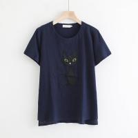 ราคา เสื้อเชิ้ตแขนสั้นผ้าฝ้ายลินินสำหรับผู้หญิงในช่วงฤดูร้อน ทรงหลวมสบาย ๆ ปักลายแมว ไซส์ใหญ่ เสื้อเชิ้ตคอโปโลแขนสั้น (22895875032)