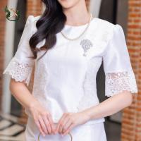 ราคา ชุดผ้าไหม แพรทิพย์ แต่งลูกไม้ฝรั่งเศส ชุดไปวัด ทำบุญ รุ่นบัวตอง สีขาว (21901488370)