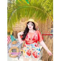 ราคา OO เซ็ตบราคล้องคอคู่กางเกงขาสั้นพร้อมเสื้อคลุมตาข่ายลายแต้มสีเสื้อผ้าสาวอวบอ้วนplussize (21718144131)