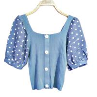 ราคา เสื้อไหมพรมครอปแฟชั่น คอเหลี่ยม แขนสั้นลายจุด (11698579772)