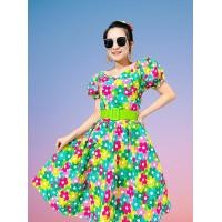 ราคา ชุดเดรสย้อนยุคพร้อมเข็มขัด ลายดอก รุ่นไข่ดาว Freesize (19645497895)