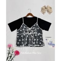 ราคา plus size เชต 2 ชิ้น เสื้อยืด สายเดี่ยวลูกไม้ สำหรับสาวอวบ (23069605551)