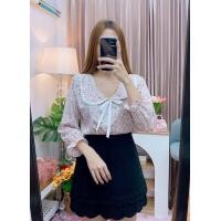 ราคา เสื้อคอบัวลายดอกหวานปกแต่งลูกไม้สายผูกโบว์สีขาว (22741978990)