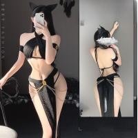 ราคา ชุดเดรสยาวเซ็กซี่สีดำทองพร้อมกระโปรงสั้นและตะเข็บสูง ชุดเดรสยาวคลุมเข่าสไตล์วินเทจสำหรับผู้หญิง (23061022267)