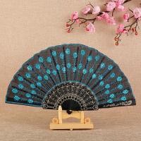 ราคา INS พัดลูกไม้ ปักด้วยเกล็ดกลิตเตอร์ พัดแต่งขอบลูกไม้สีดำ Lace Folding fan (22580463123)