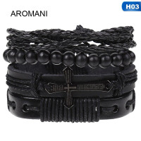 ราคา กำไลข้อมือหนังถักปรับได้สร้อยข้อมือลูกปัดไม้เชือกวินเทจสำหรับผู้ชายและผู้หญิง (3680942425)