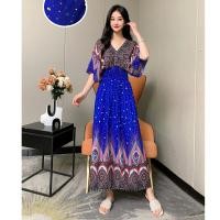 ราคา ย้อนยุค คอวี ยาว เดรส ผ้าฝ้าย ผ้าไหม ลายดอก แขนสั้น Holiday Beach กระโปรง ทรงเอ ชุดราตรี ชนเผ่า สไตล์สูง เอว ฤดูร้อน เดรส (21755187152)