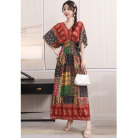 ราคา ย้อนยุค คอวี ยาว เดรส ผ้าฝ้าย ผ้าไหม ลายดอก แขนสั้น Holiday Beach กระโปรง ทรงเอ ชุดราตรี ชนเผ่า สไตล์สูง เอว ฤดูร้อน เดรส (21509413209)