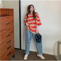 ราคา เสื้อยืดลายทางสีรุ้งสวยๆผู้หญิงฤดูร้อนใหม่ oversize เสื้อผ้าวัยรุ่นน่ารักๆสไตล์เกาหลี เสื้อโอเวอร์ไซส์แขนสั้น กําลังฮิต (22777332838)