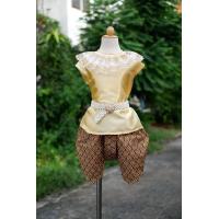 ราคา ชุดไทยเด็กผู็หญิง ชุดผ้ามันคอระบาย พิมพ์ทองสุโขทัย ราคาไม่รวมเครื่องประดับ (22732733634)