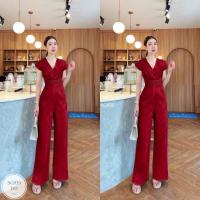 ราคา SG930จั๊มสูทขายาวอกคอวี อกจีบอัดพลีท เอวพีบจับจีบ งานเรียบหรู เก๋สุดๆ (22202600600)