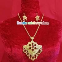 ราคา สร้อยคอพร้อมต่างหู เครื่องประดับชุดไทย ต่างหูแบบเจาะ งานประดับพลอยแดง รุ่น F00854 (22345408453)