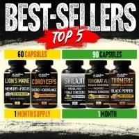 ราคา TOP 5 BEST SELLER COMBO Value Pack x5 Bottles แคปซูลเห็ดหัวลิง Lions Mane ถั่งเช่า Cordyceps Turmeric Blend Tongkat Ali Blend Shilajit Blend (23127200779)