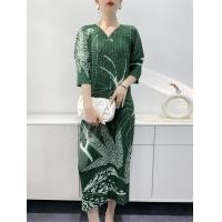 ราคา L 936F One Size 45 75kg Spring And Summer WomenS 3 4 Sleeve Pleated Mid Length V Neck Front Slit Printed Dress (23021452978)