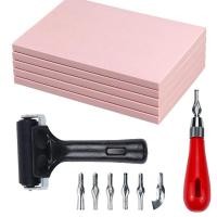 ราคา 5 Pack Rubber Block Stamp Carving Blocks with Cutter Tools and Rubber Brayer Roller for Printmaking and More Crafts (22252162142)