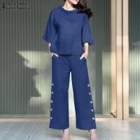 ราคา ZANZEA ชุด2ชิ้นสำหรับผู้หญิงชุดลำลองย้อนยุคเสื้อเชิ้ตมีปกแขน3 4กางเกงผู้ชายขาสามส่วนชุดฝ้ายลินิน 15 (22725978324)