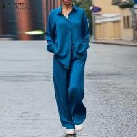 ราคา Celmia ZANZEA ชุดวอร์มผ้าไหมซาตินลำลองสำหรับผู้หญิง2ชิ้นชุดจั๊มสูทแบบกางเกงล้วนเสื้อผ้าแขนยาวอัดพลีท2023ฤดูใบไม้ร่วงชุดกางเกงขายาวกว้าง 15 (20490490114)