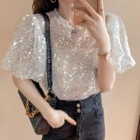 ราคา Women Sequined Top Short Sleeve Bling Shiny T Shirt Lady Sparkling T Shirt Formal Clothes Temperament Party Nightclub Dress (16819014217)