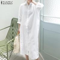 ราคา ZANZEA ชุดเดรสแขนยาวผู้หญิงสไตล์เกาหลีกระดุมลำลองผ้าฝ้ายแท้เสื้อ Midi แบบเรียบ (10017276735)