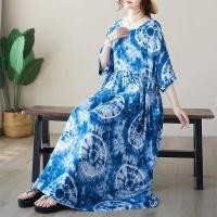 ราคา Elegant 2024 ผู้หญิงฤดูร้อนผ้าไหมรอบคอชุดชายหาดสีฟ้า Simple BohemianกระโปรงยาวCrimped Patchworkและพู่รายละเอียด (22499988220)