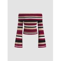 ราคา Cider Knit Off shoulder Striped Long Sleeve Crop Top (23034341929)