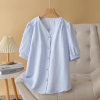 ราคา มีไซส์ใหญ่ Plus Size Womens V neck Striped Blouses Ladies Office wear Button Up Female Tops Large Size Fashion Short Sleeve Blusas (22064729588)