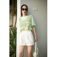 ราคา พร้อมส่ง Set เสื้อยืด ครอปแขนกุดไหมพรมถักสลับสี ลายดอก ป้ายงาน vshop (21729546234)