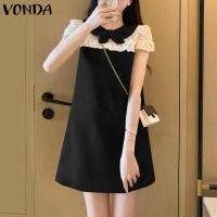 ราคา VONDA ชุดแฟชั่นของผู้หญิงเดรสสั้นคอกลมแขนแร็กแลนเดรสสำหรับงานปาร์ตี้งานเย็บปะผ้าลูกไม้ ลายดอกไม้เกาหลี (22583036771)