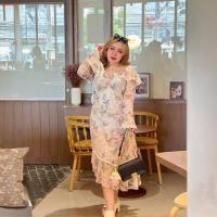 ราคา Plus size เดรสยาวเกลียวอกคอปกแต่งลูกไม้รอบระบายเฉียงผ้ามุ้งตาข่ายลายหนังสือพิมผีเสื้อดอกไม้ของสาวอวบ แฟชั่นผู้หญิงอ้วน ทรงเจ้าหญิง รุ่น แคซเซียโน่ K78 (23387157533)