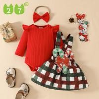ราคา 27KIDS ชุดซานต้า ชุดกระโปรงเด็กคริสต์มาสสีแดงแขนยาวโบว์ผูกผมสามเหลี่ยม Romper ลายสก๊อตคริสต์มาสไม้ค้ำยันปักเอี๊ยมกระโปรงฤดูหนาว ชุดคริสมาส ดญ (23284569422)