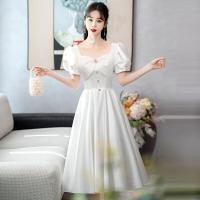 ราคา พิธีหมั้น สีขาว เดรส Midi แขนพองหรูหรา เดรส งานแต่งงาน ชุดราตรี หญิง เรียบหรู เรียบง่าย สไตล์ ซิป ปิด กระโปรงทรงเอ (22985210655)