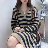 ราคา HOT14 Hot sale ชุดเดรสถักSize S 3XLเสื้อกันหนาว รูปแบบใหม่ คัตเอาท์ กระโปรงถัก วินเทจ หลวม คอวี แขนยาว (21247555326)