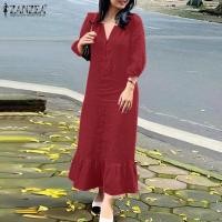 ราคา Celmia ZANZEA Womens Plain Midi Dress Casual Loose Ruffle Sundress Lantern 3 4 Sleeve V Neck Dresses 8 (20426330316)
